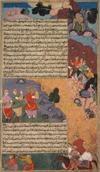 Das erste Abenteuer des weißen Pferdes, Seite aus dem Khan Khanans Razm Nama..., ca. 1610-17