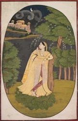 Die Heldin, die sehnsüchtig auf ihren abwesenden Liebhaber wartet Utka Nayika, ca. 1800