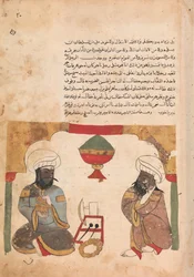Der Kaufmann hört dem Arbeiter beim Zimbelspiel zu, Folio aus einem Kalila wa Dimna, 18. Jahrhundert