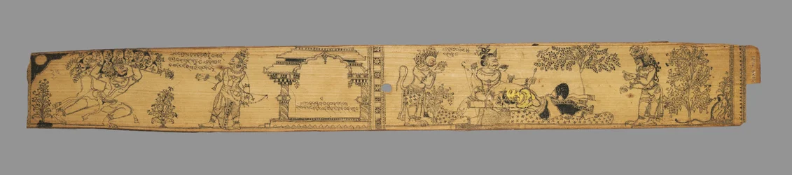 Die Affen und Bären kämpfen gegen Ravana und seine Dämonen, verso, aus einer Romanze..., späte 1700er
