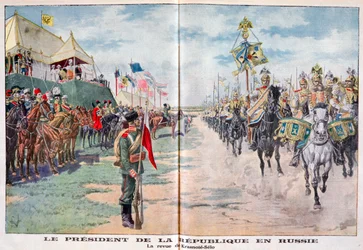 Der Präsident der Republik bei der Überprüfung russischer Truppen, Krasnoye Selo, Russland, 1914