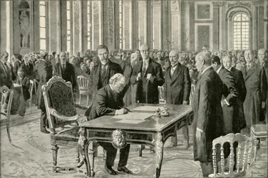 Der Premierminister von Großbritannien unterzeichnet den Friedensvertrag, 1919