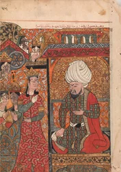 Die Königin Ilar Irakht vor dem König, ihn vor den Brahmanen warnend, Folio..., 18. Jahrhundert