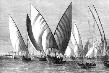 Der Fluss an der Boulak-Brücke, Kairo, mit vorbeifahrenden Dahabeahs, 1874