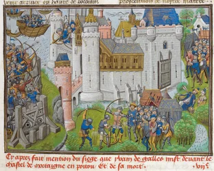Die Belagerung der Burg Mortagne, nahe Bordeaux, 1377 aus Recueil des croniques d