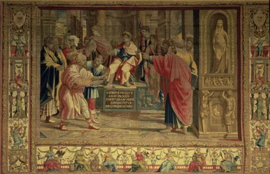Der Zauberer Elymas wird von St. Paulus vor dem römischen Statthalter Sergius Paulus geblendet, Detail aus den Brüsseler Wandteppichen, Repliken der Vatikan-Serie der Apostelgeschichte von Raphael