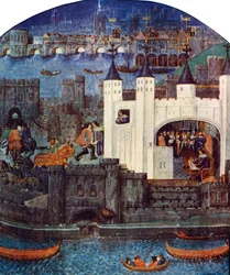 Der Tower of London mit der London Bridge, ca. 1500, ca. 1900-1920