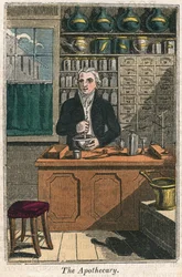 Der Apotheker, der mit Mörser und Stößel Drogen zubereitet, 1823