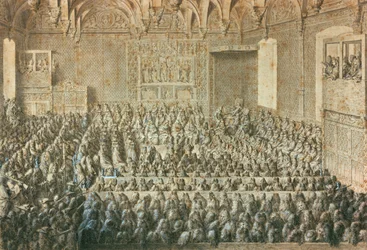 Die Versammlung der Sorbonne erklärt Heinrich III. für abgesetzt, Januar 1589. Museum von Carnavalet, Paris