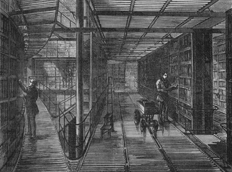 Die Bücherregale im British Museum, Bloomsbury, London, ca. 1875 1878