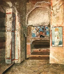 Die Begräbniskapelle der Heiligen Felix und Adauctus in den Katakomben von Commodilla, Rom, Italien, 1928