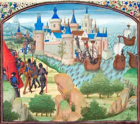 Die Eroberung von Konstantinopel zu Land und zu Wasser im Jahr 1204. Miniatur aus der Historia von Wilhelm von Tyrus, 1460er