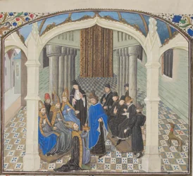 Die Krönung Balduins II. im Jahr 1118. Miniatur aus der Historia von Wilhelm von Tyrus, 1460er Jahre