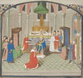 Die Krönung Balduins I. am Weihnachtstag 1100. Miniatur aus der Historia von Wilhelm von Tyrus, 1460er Jahre