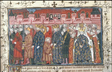 Die Krönung von Philippe II Auguste in Anwesenheit von Heinrich II. von England aus den Chroniques de France ou de St Denis, nach 1380