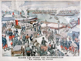Das Ende des Streiks der Hafenarbeiter im Hafen von Marseille, Frankreich, 1904