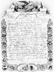 Die Unterschriften zur amerikanischen Unabhängigkeitserklärung, ca. 1776, ca. 1920