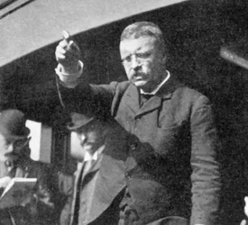 Theodore Roosevelt spricht bei einem Treffen im Bundesstaat New York, 1901