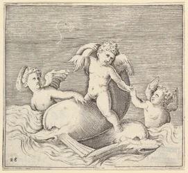 Drei Cupidos und zwei Delfine, veröffentlicht um 1599-1622