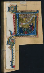 Drei Ausschnitte aus einem Messbuch: Initiale L mit der Verkündigung an die Hirten, um 1470-1500