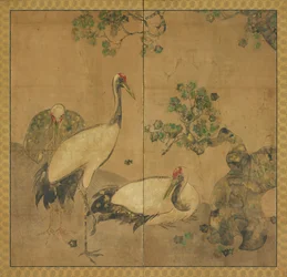 Drei Kraniche unter einem Baum