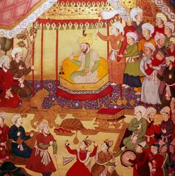 Timur auf dem Thron während der Feierlichkeiten, Mughal-Manuskript, 1600-1601