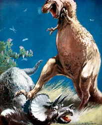 Triceratops, ein gehörntes Dinosaurier, von einem Tyrannosaurus niedergedrückt, ca. 1920