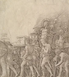 Triumph des Cäsar: Soldaten tragen Trophäen, ca. 1490