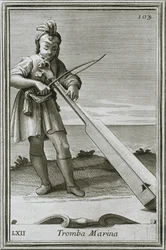 Trumscheit Tromba Marina, Gravur aus F. Bonannis Buch Cabinetto Armonico, Rom, 1722, 1948