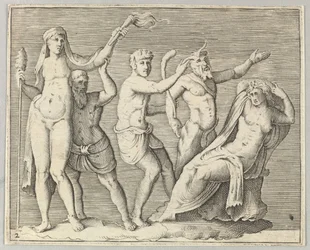Zwei Figuren, ein Faun und ein Satyr nähern sich einer liegenden Frau, veröffentlicht ca. 1599-1622