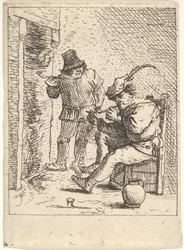 Zwei männliche Bauern mit Pfeifen vor einem Kamin, einer sitzt mit der Pfeife..., nach 1625-90