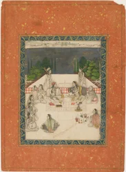 Zwei Frauen, die auf einer Terrasse sitzen, umgeben von Dienern und Musikern