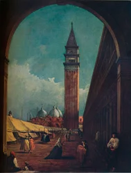 Venedig: Ein Jahrmarkt auf der Piazza San Marco durch einen Torbogen am Südwestende gesehen, ca. 1863