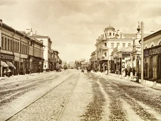 Blick auf die Arbat-Straße von der Kirche der lebensspendenden Dreifaltigkeit, Moskau, Russland, 1888