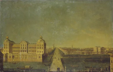 Blick auf den Newski-Prospekt vom Anitschkow-Palast mit dem Haus der Shuvalovs, zweite Hälfte des 18. Jahrhunderts