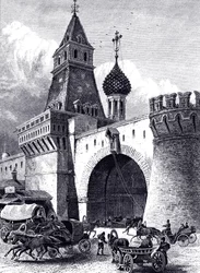 Ansicht des Nikolskaja-Turms und der Waffenkammer in Moskau, ca. 1860