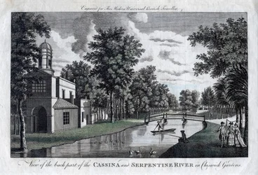 Ansicht des hinteren Teils der Cassina und des Serpentine River in den Chiswick Gardens, London