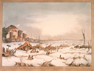 Ansicht des zugefrorenen Flusses Thames bei Three Cranes Wharf, London, 1814