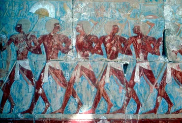 Wandmalerei: Rückkehr von der Expedition, Tempel der Königin Hatschepsut, Luxor, Ägypten, ca. 1470 v. Chr.