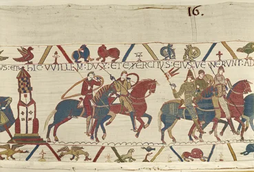 Wilhelm führt seine Armee gegen Herzog Conan von Bretagne, Teppich von Bayeux (Wollstickerei auf Leinen)