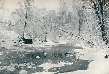 Winteransicht des Freilichtmuseums in Skansen, ca. 1900