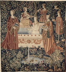 Frau beim Baden umgeben von Dienerinnen, Tapisserie-Serie La Vie Seigneuriale, ca. 1500