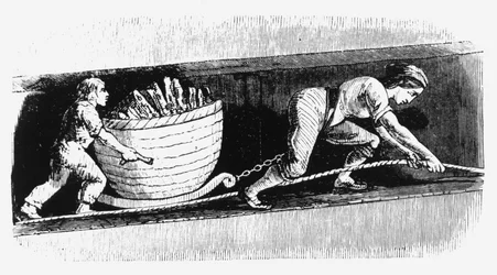 Frau und Junge zeichnen eine Lore mit 3-4 Zentnern Kohle, Bolton, Lancashire, 1848