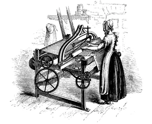 Frau bedient einen Kraftwebstuhl zum Weben von Baumwolle, ca. 1840
