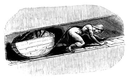 Frau Putter zieht einen Kohleschlitten entlang einer schmalen Naht, Südwales, ca. 1848
