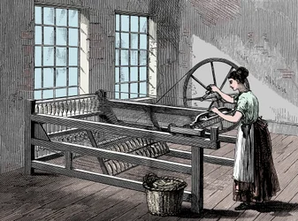 Frau benutzt eine Spinning Jenny, ca. 1880