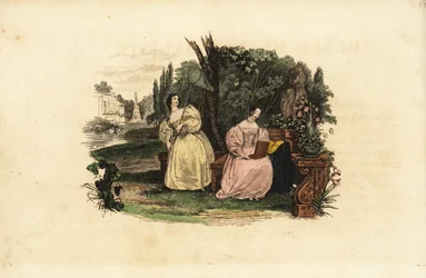 Frauen entomologen fangen Schmetterlinge in einem Garten, Mitte des 19. Jahrhunderts