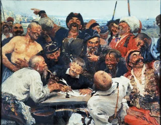 Saporoger Kosaken schreiben einen Brief an den türkischen Sultan, Gemälde von Ilja Repin