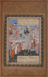 Zulaykha bietet auf Yusuf auf dem Sklavenmarkt in Ägypten, Folio aus Yusuf..., zweite Hälfte des 16. Jahrhunderts