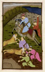 Akbar auf der Tigerjagd aus dem Akbarnama, Mughal, um 1590